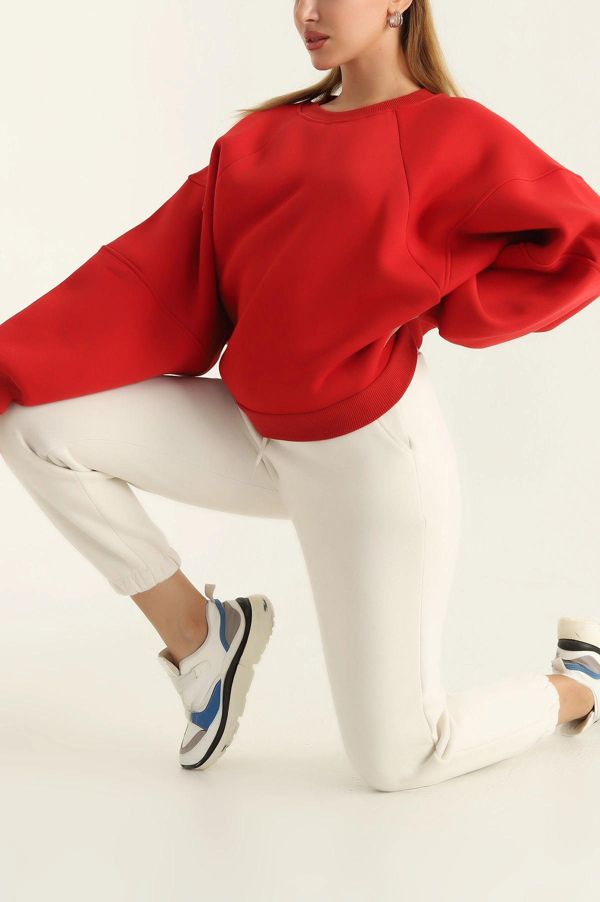 Kırmızı Üç İp Şardonlu Bayan Sweat 307040