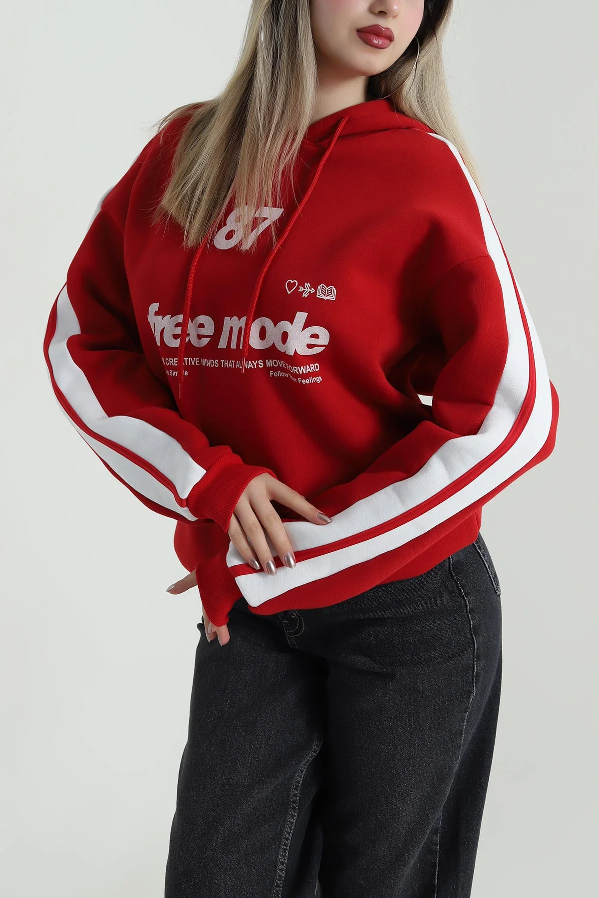 Kırmızı Üç İp Şardonlu Kadın Sweat 487724