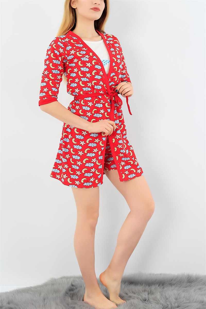 Kırmızı Üçlü Sabahlık Pijama Takımı 29855B