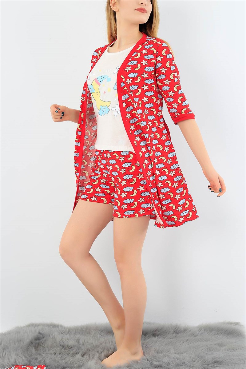 Kırmızı Üçlü Sabahlık Pijama Takımı 29855B