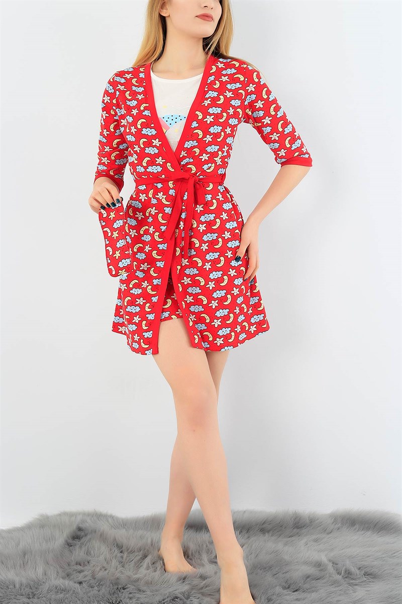 Kırmızı Üçlü Sabahlık Pijama Takımı 29855B