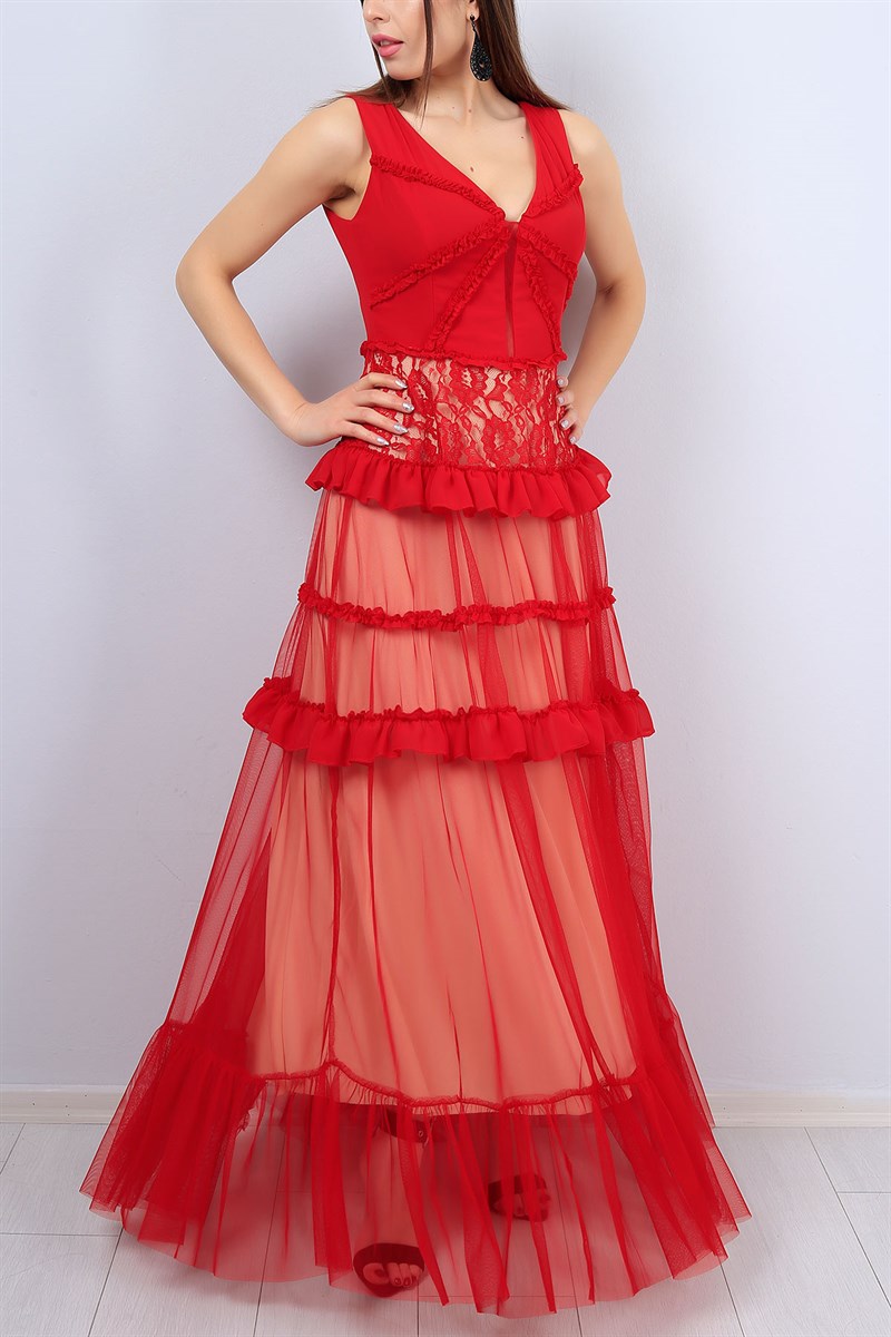 Kırmızı V Yaka Fırfırlı Bayan Elbise 12631B