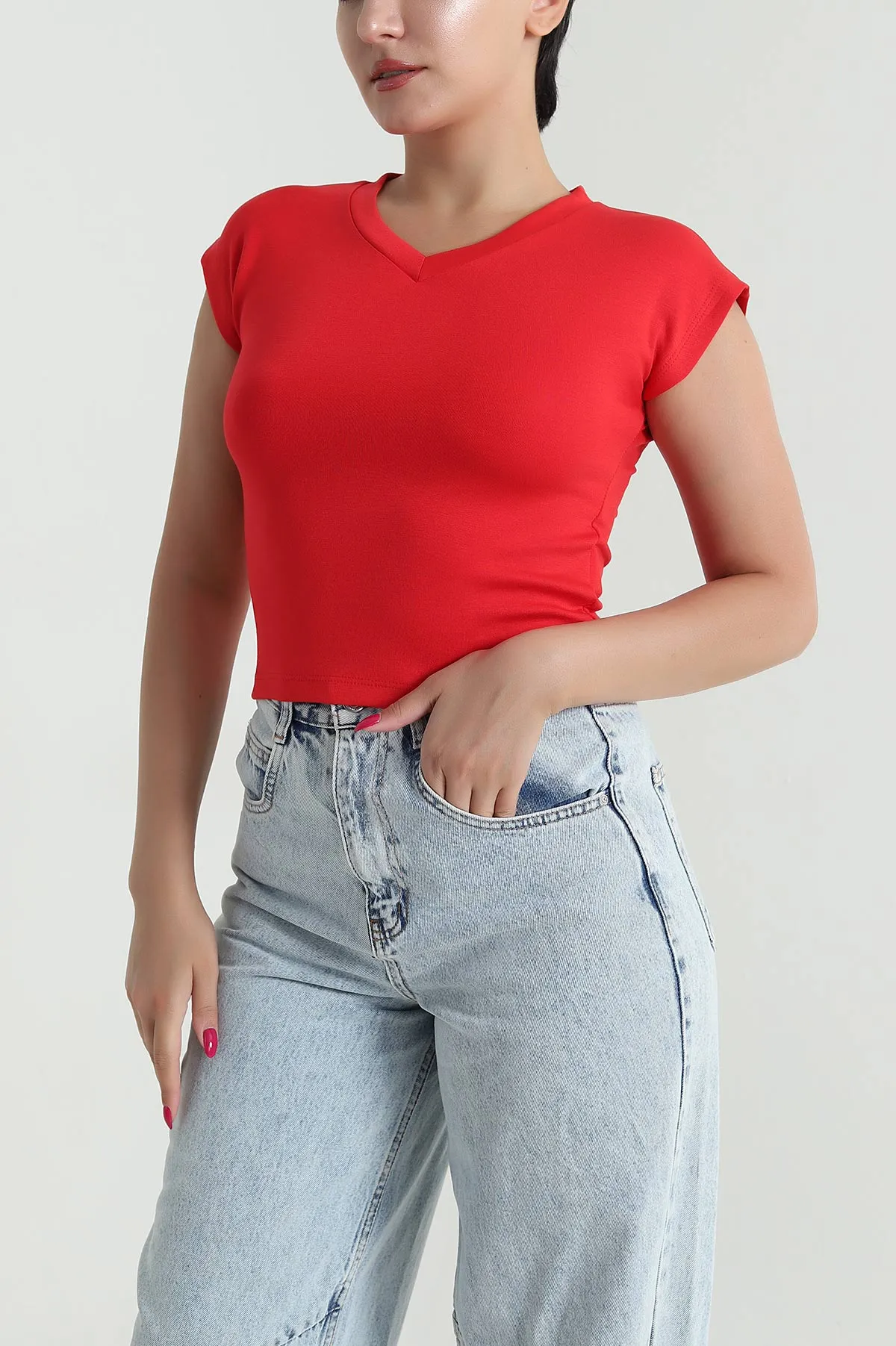 Kırmızı V Yaka Kadın Bluz 476505