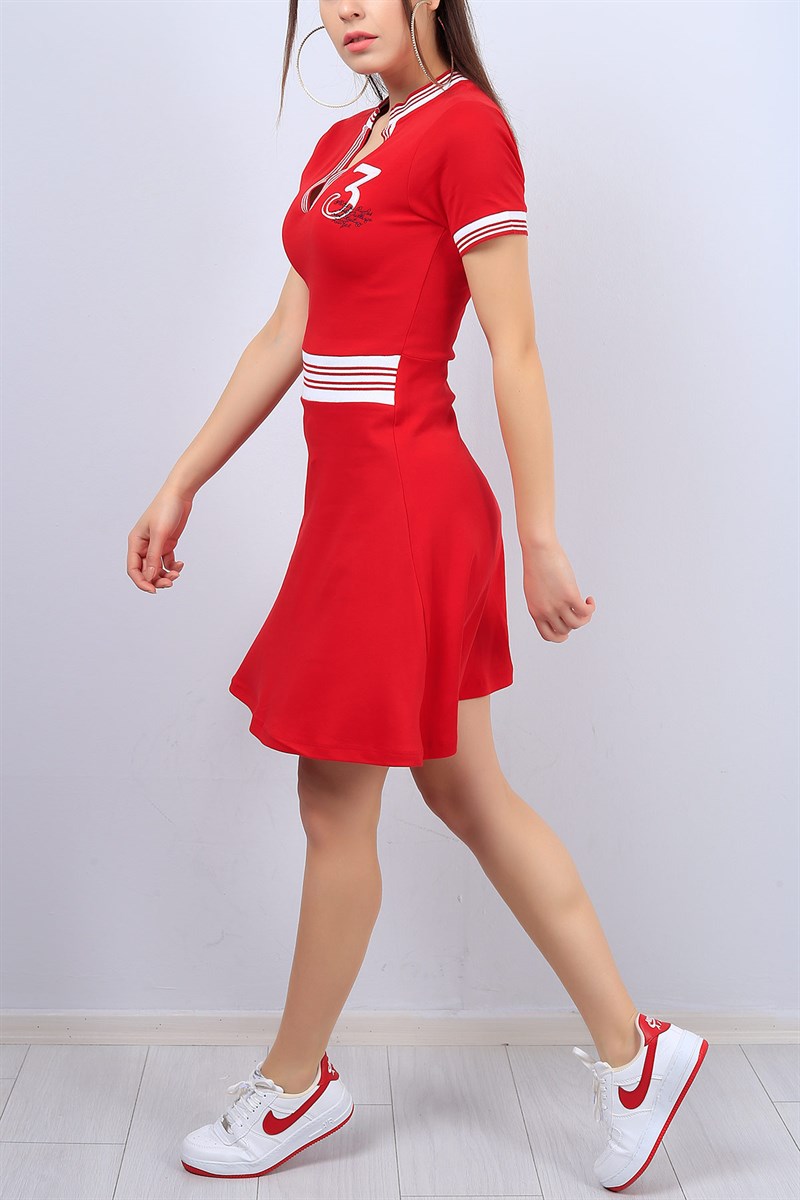Kırmızı V Yaka Şerit Detaylı Bayan Elbise 12718B