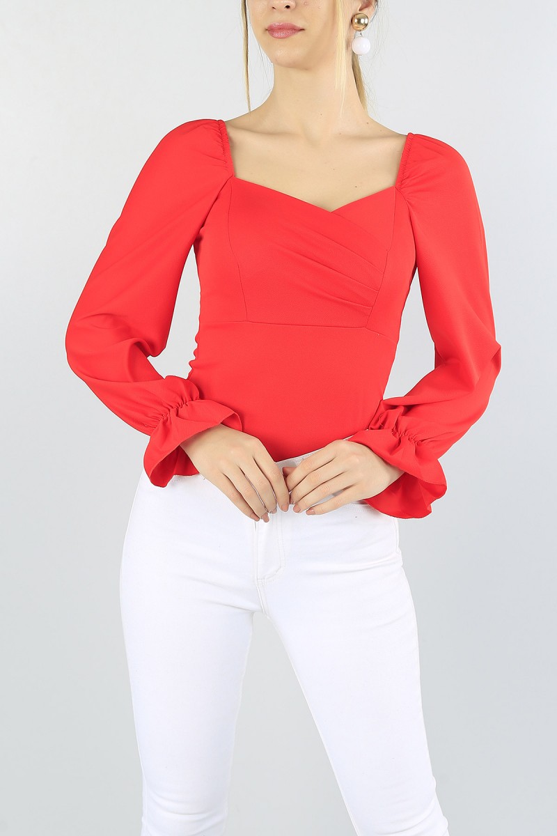 Kırmızı Yaka Detay Bluz 55258