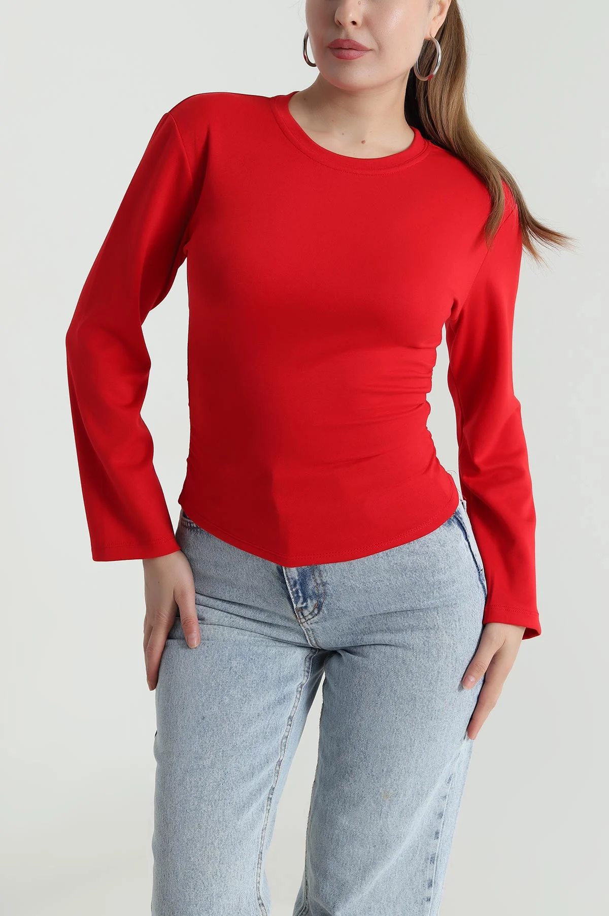 Kırmızı Yanı Büzgülü Modal Kadın Bluz 484398