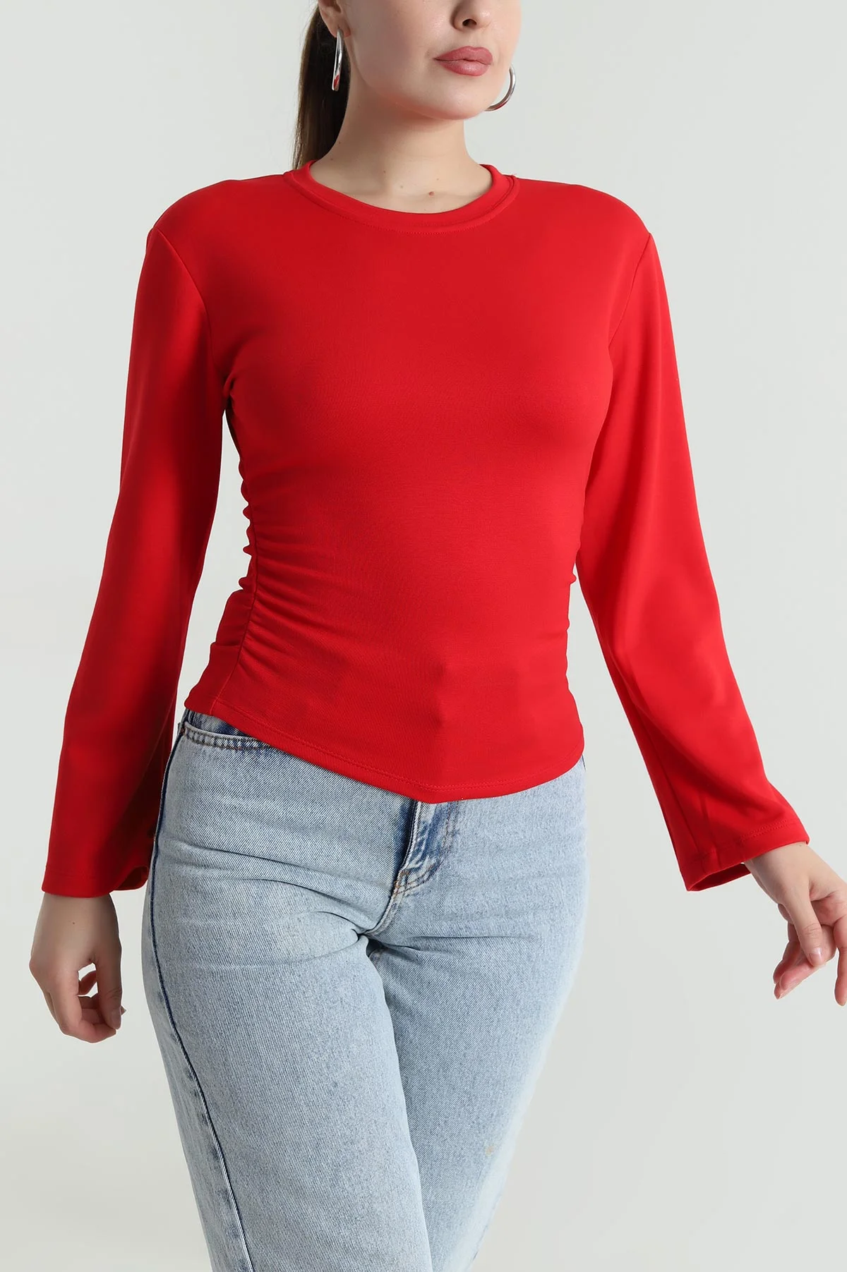 Kırmızı Yanı Büzgülü Modal Kadın Bluz 484398