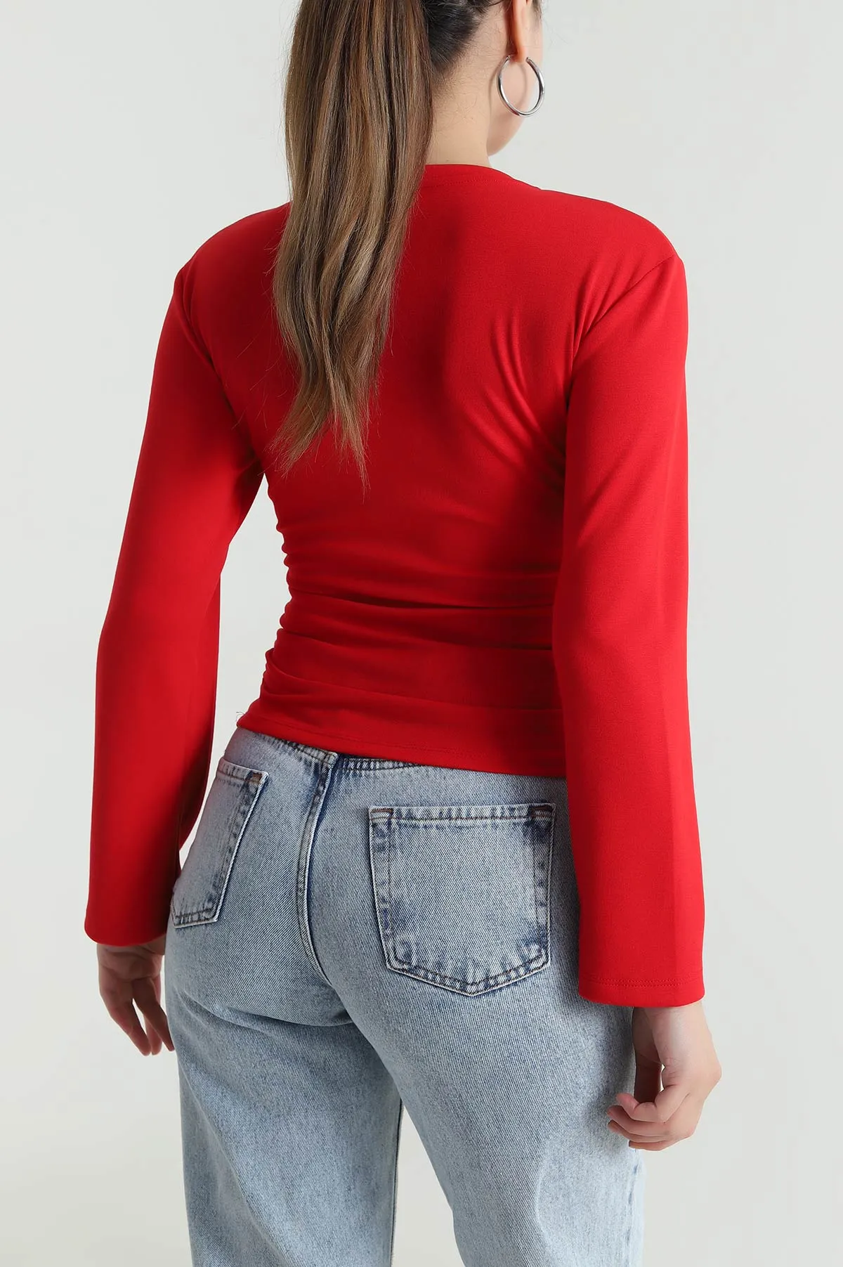 Kırmızı Yanı Büzgülü Modal Kadın Bluz 484398