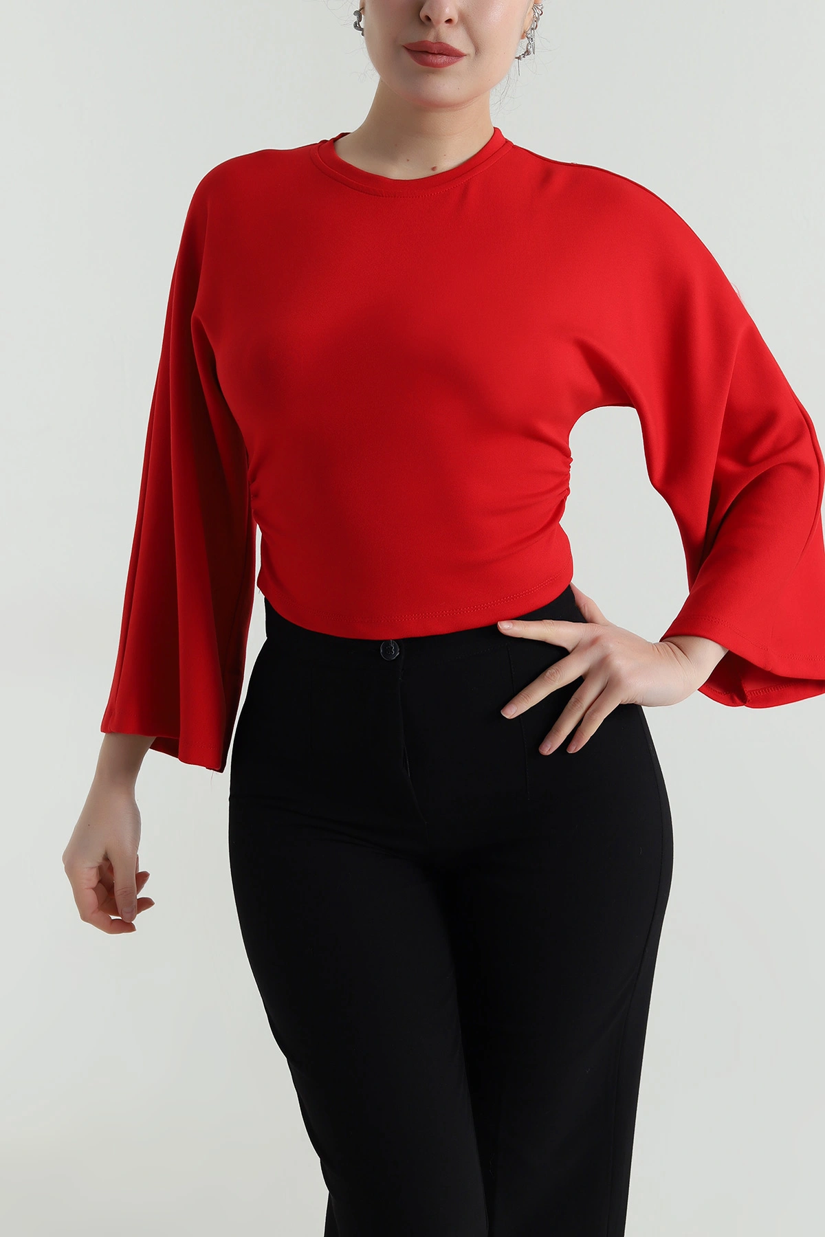 Kırmızı Yanı Büzgülü Modal Kadın Bluz 497727