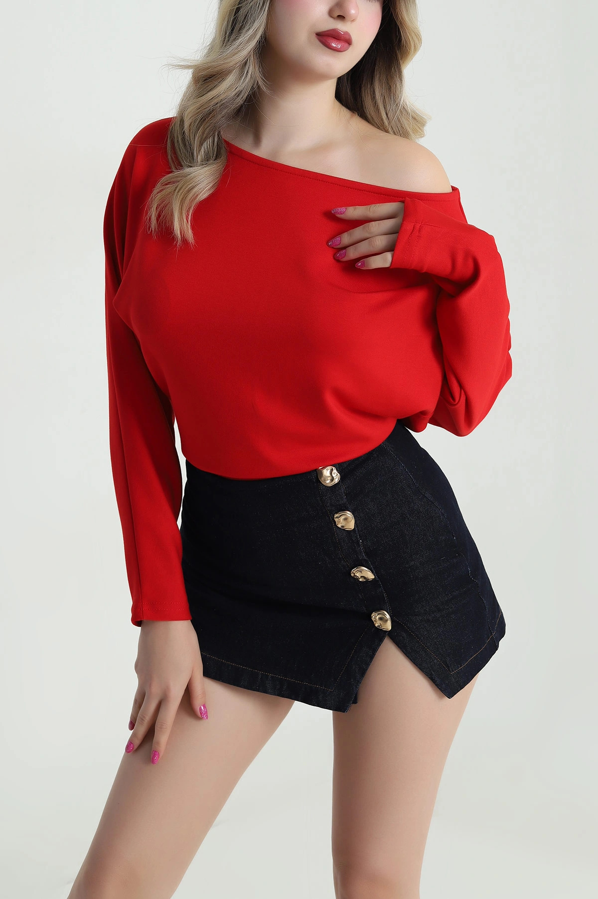 Kırmızı Yarasa Kol Modal Kadın Bluz 483065