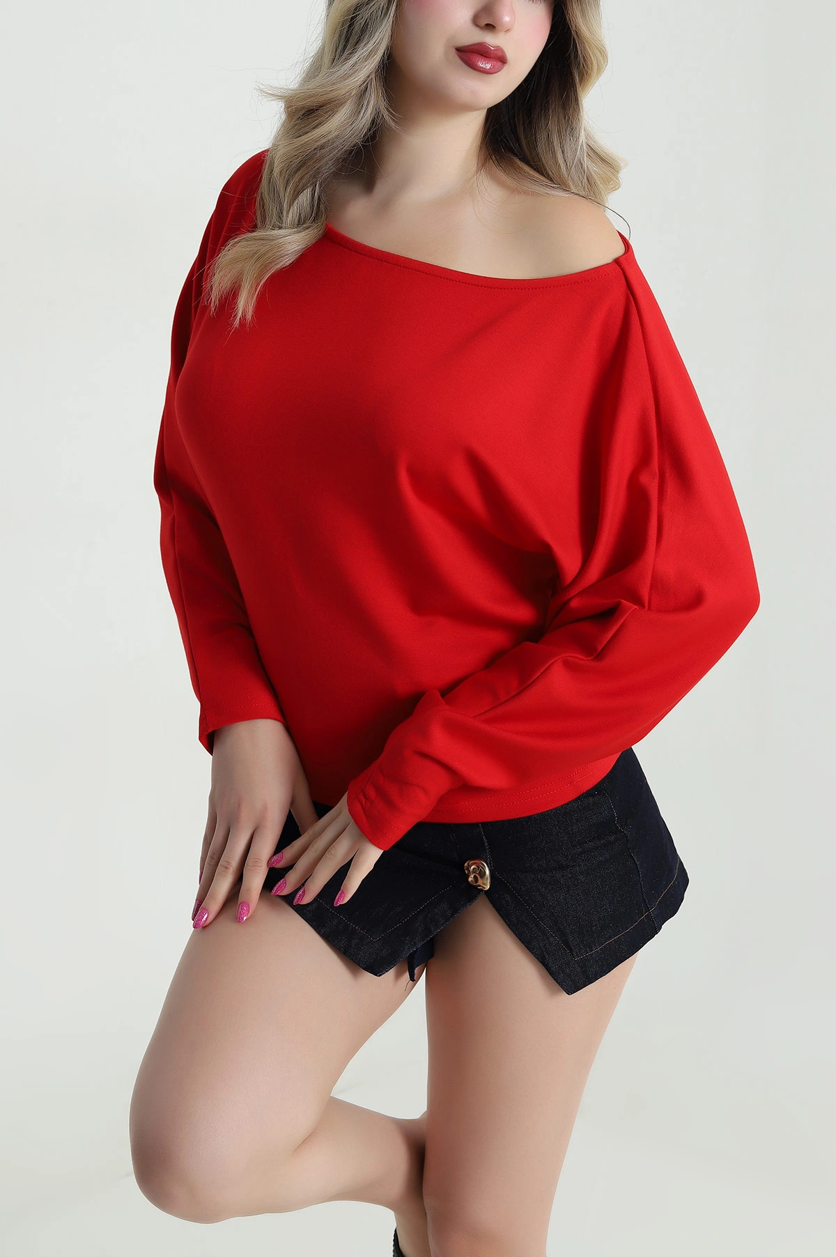 Kırmızı Yarasa Kol Modal Kadın Bluz 483065