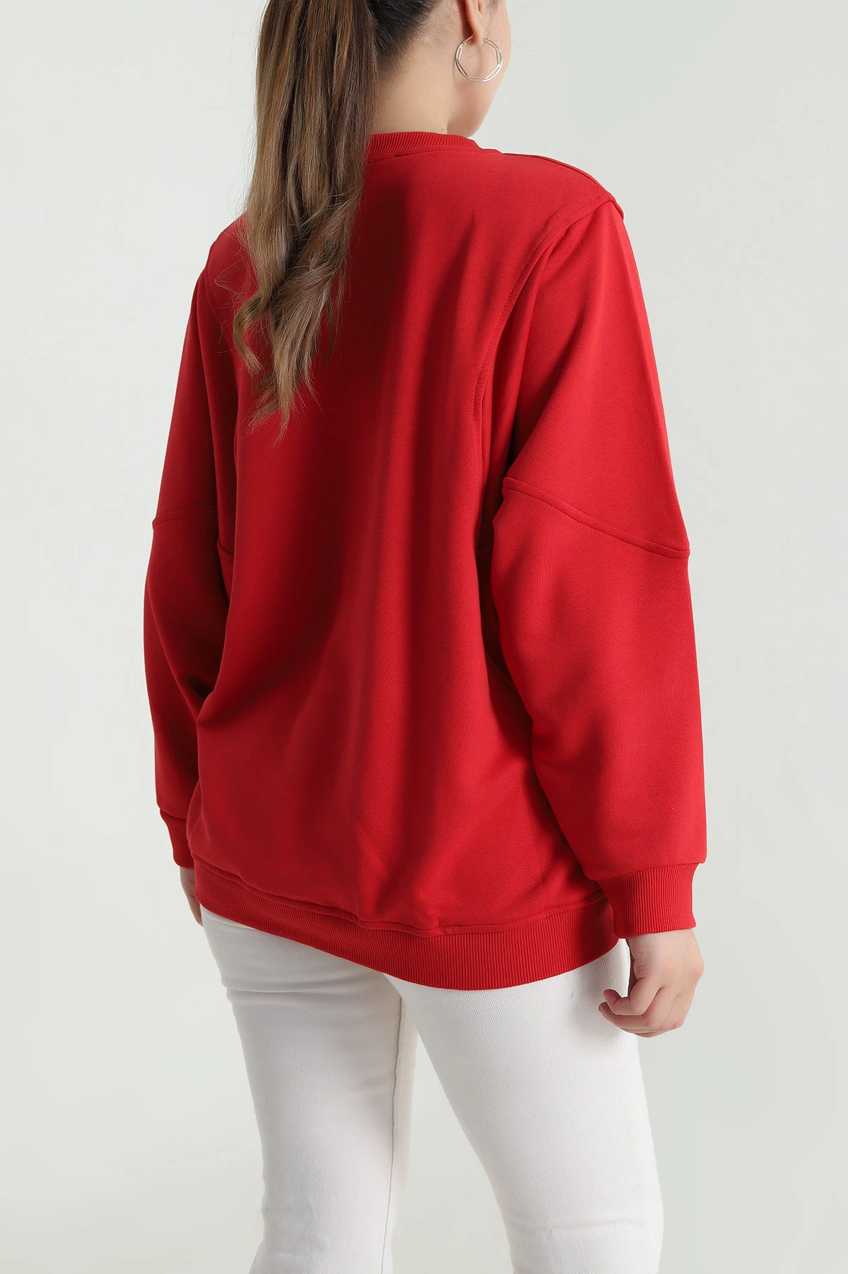 Kırmızı Yarasa Kol Üç İp Kadın Sweat 484455