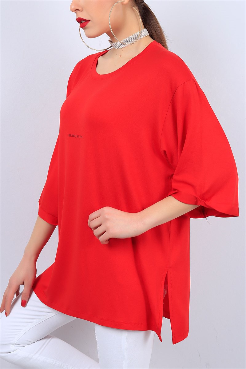 Kırmızı Yazılı Bayan Salaş Tişört 12060B