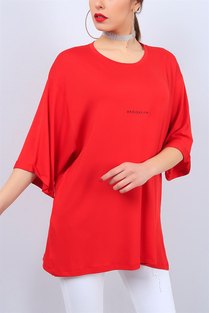 Kırmızı Yazılı Bayan Salaş Tişört 12060B