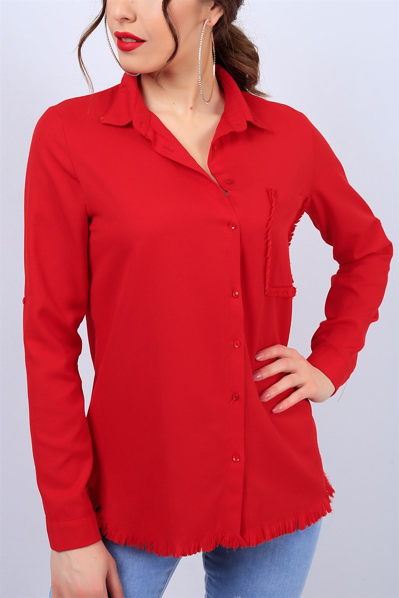 Kırmızı Yırtık Detay Cepli Bayan Gömlek 12178B