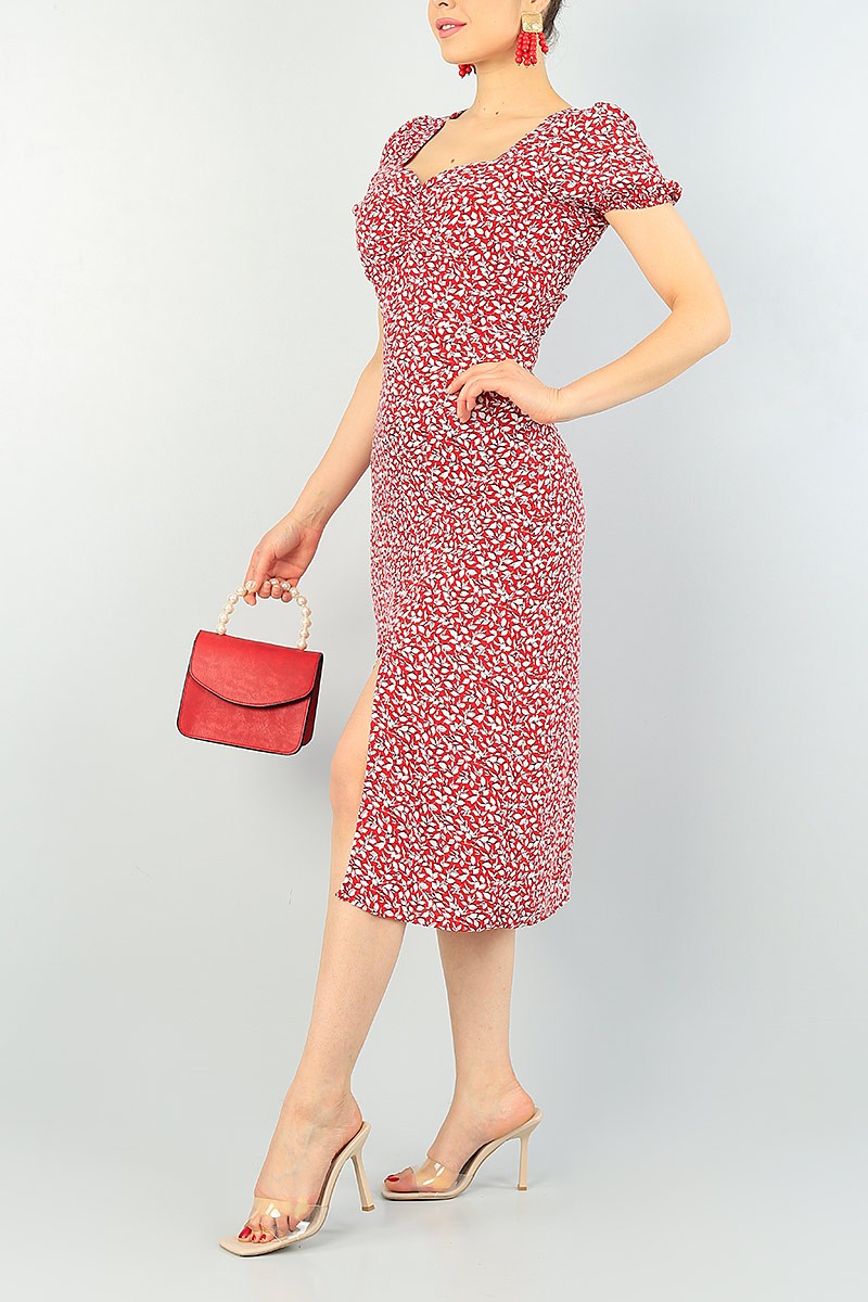 Kırmızı Yırtmaçlı Desenli Dokuma Elbise 66049
