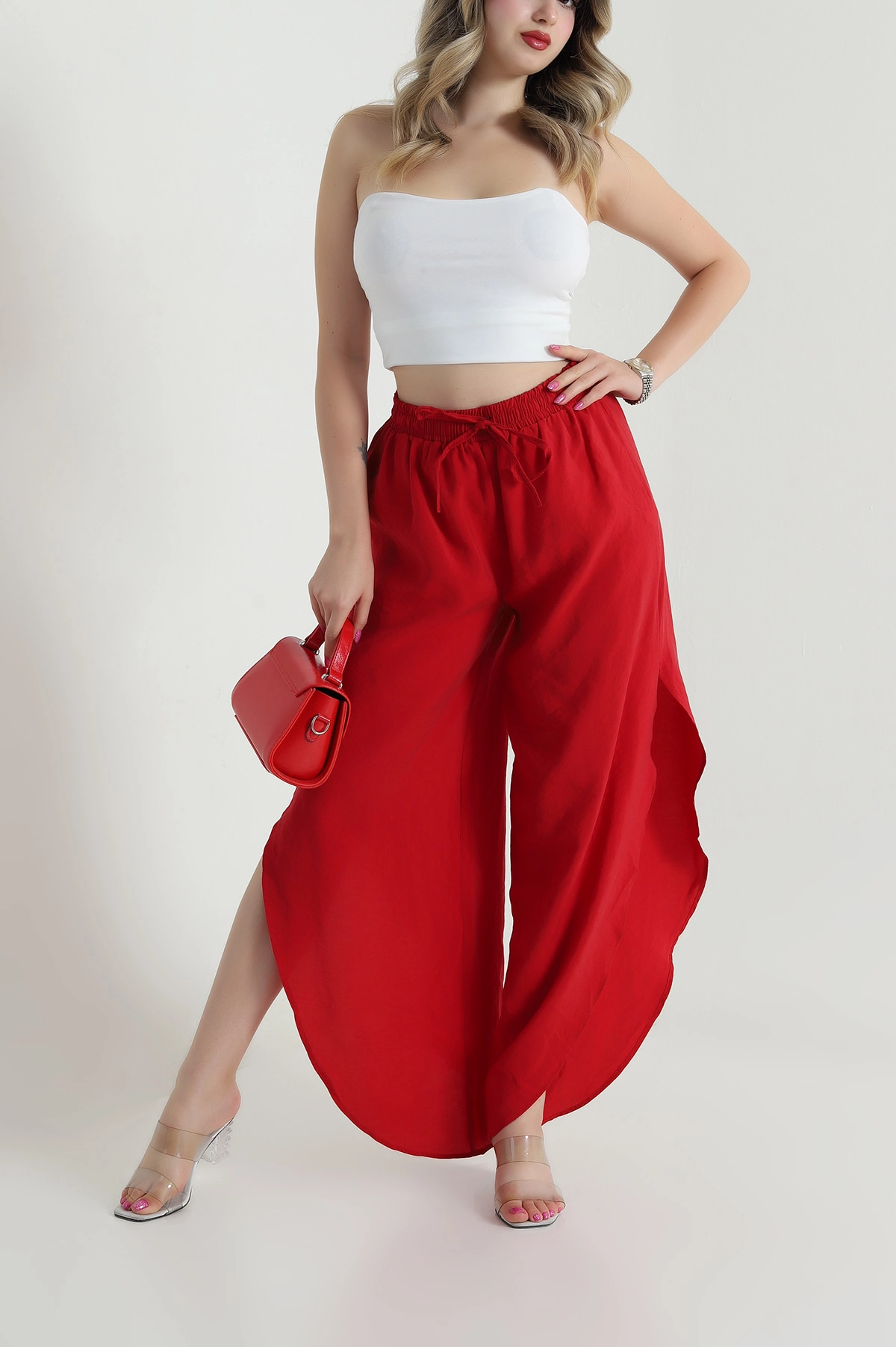 Kırmızı Yırtmaçlı Tencel Kadın Pantolon 482567