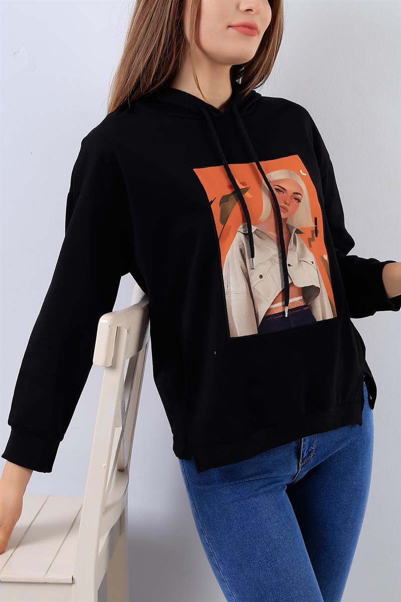 Kız Desenli Siyah Bayan Sweat 18335B