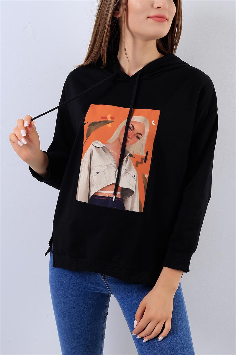 Kız Desenli Siyah Bayan Sweat 18335B