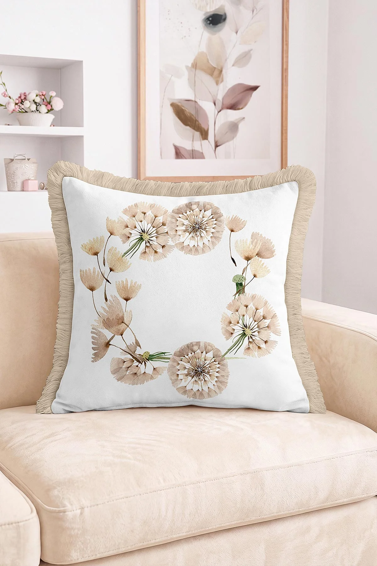 43x43 Cm Dijital Baskılı Fermuarlı Çift Taraflı Saçaklı Kırlent Kılıfı 483462
