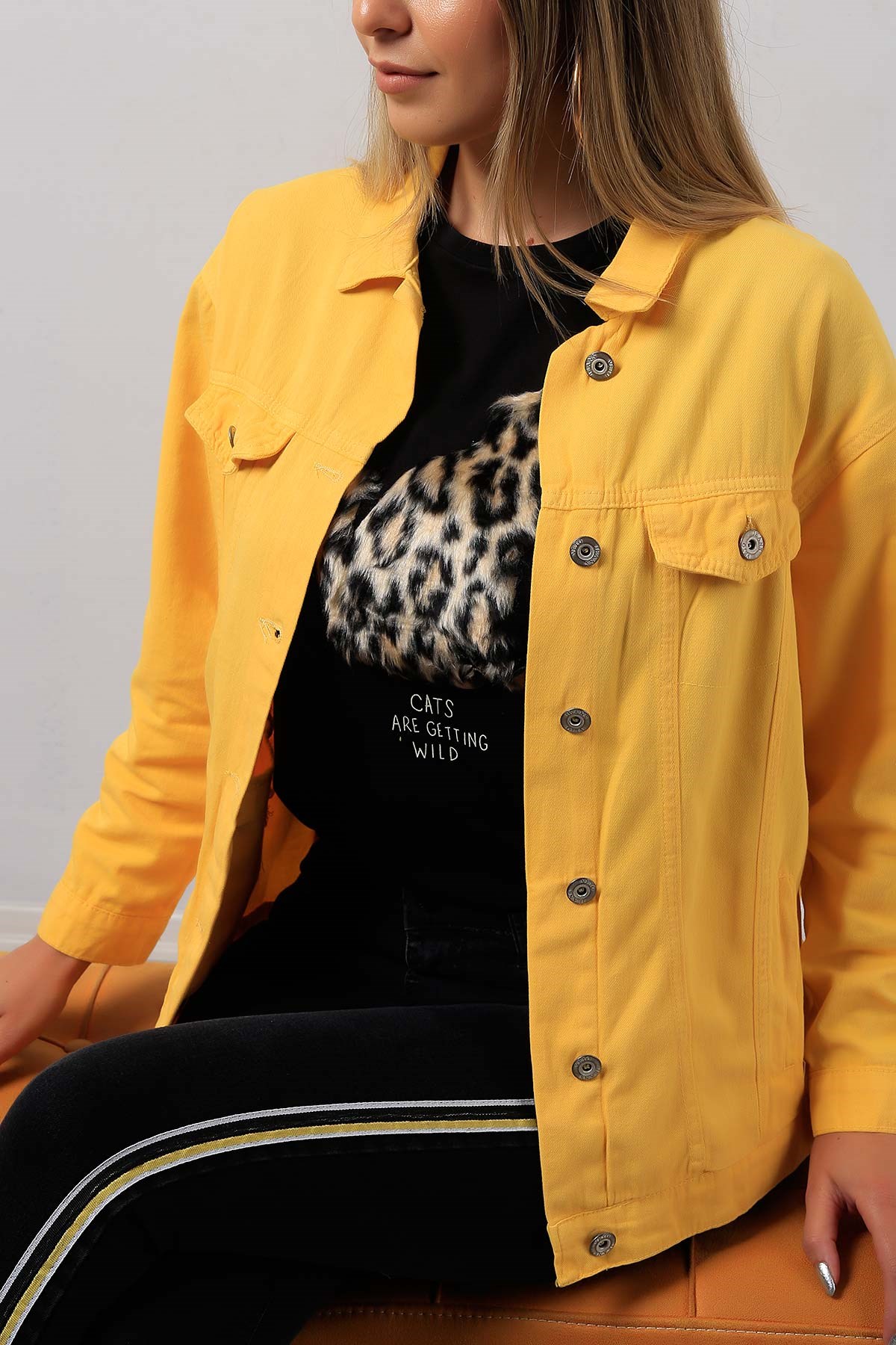 Kol Detaylı Sarı Bayan Kot Ceket Modeli 8927B