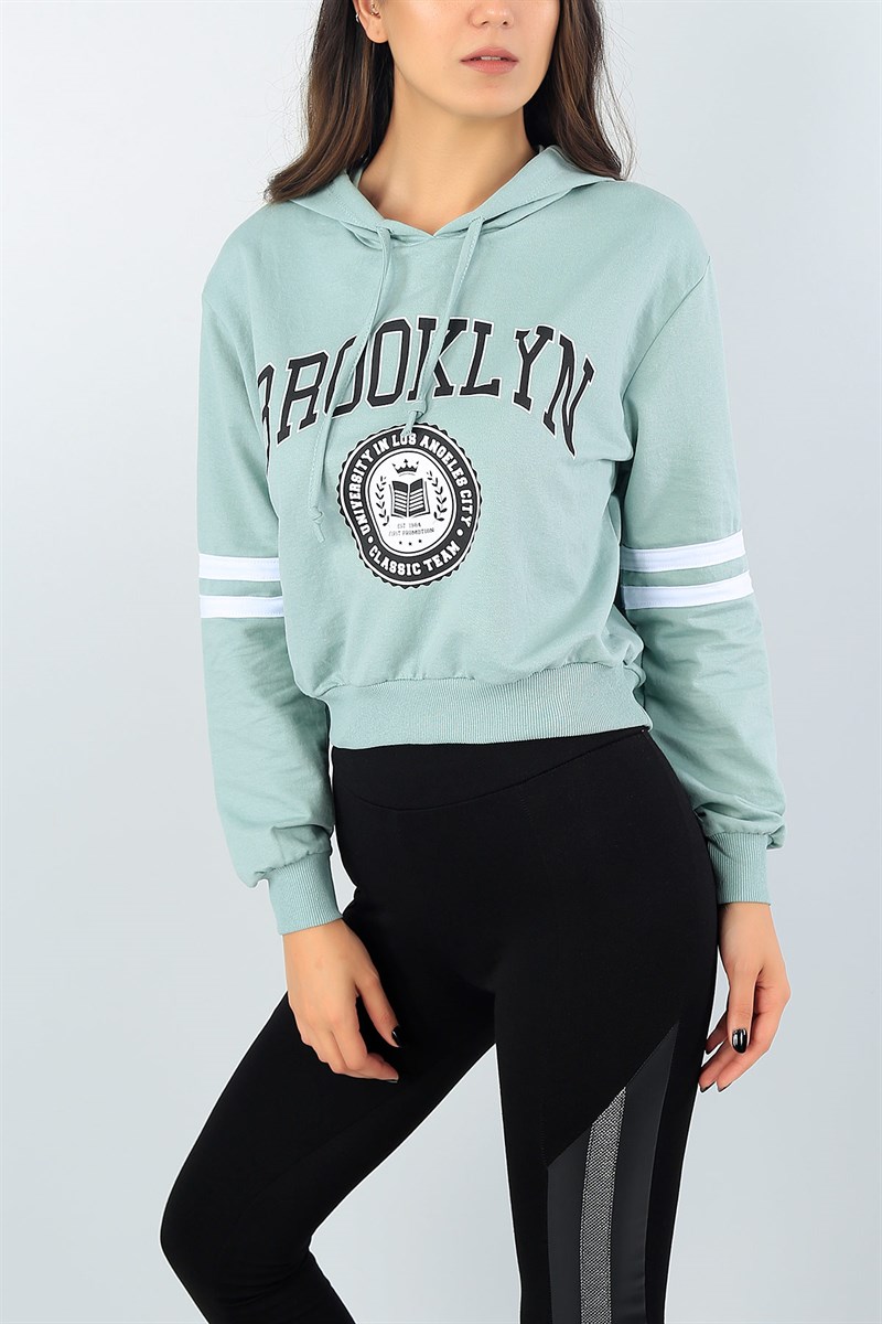 Kol Şeritli Su Yeşili Bayan Crop Sweat 41064