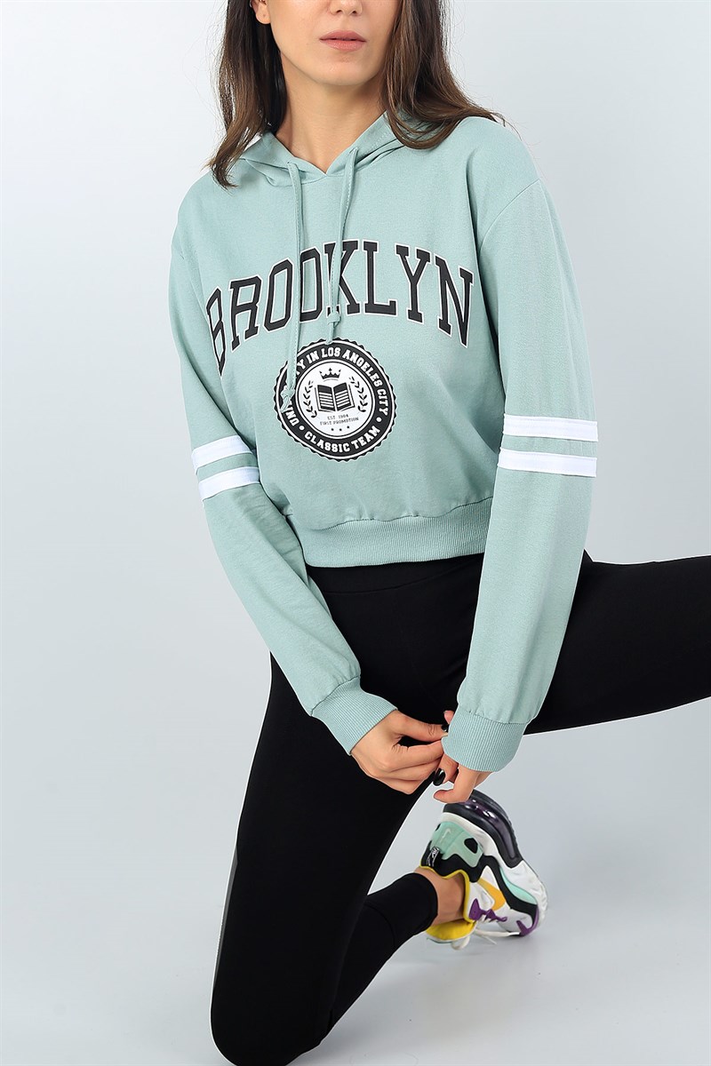 Kol Şeritli Su Yeşili Bayan Crop Sweat 41064