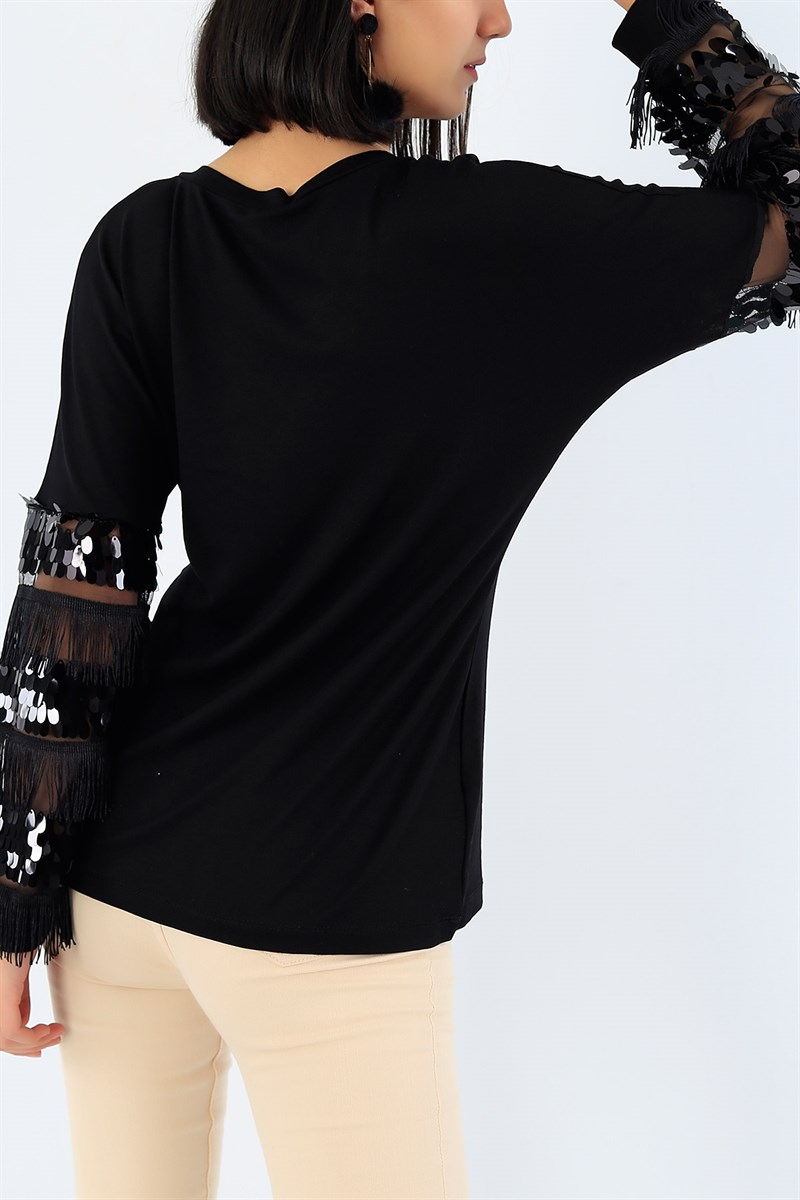 Kolları Pullu Püsküllü Siyah Bluz 26124B