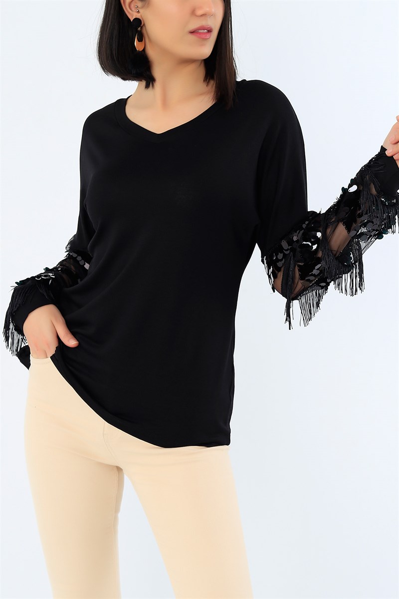 Kolları Pullu Püsküllü Siyah Bluz 26124B