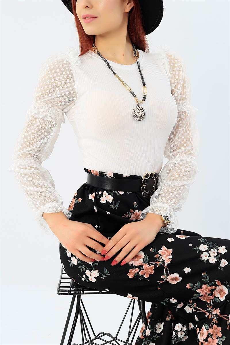 Kolları Tüllü Beyaz Bluz 30511