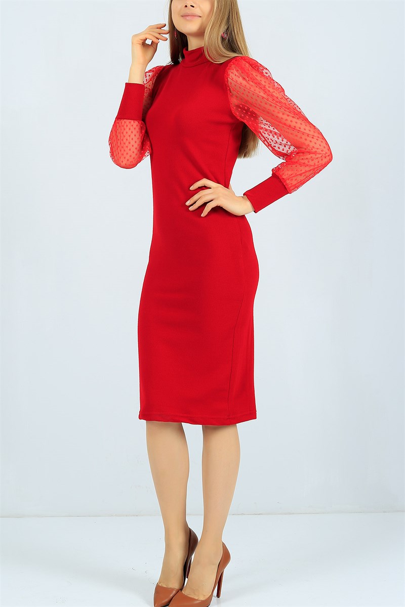 Kolları Tüllü Kırmızı Triko Elbise 24417B