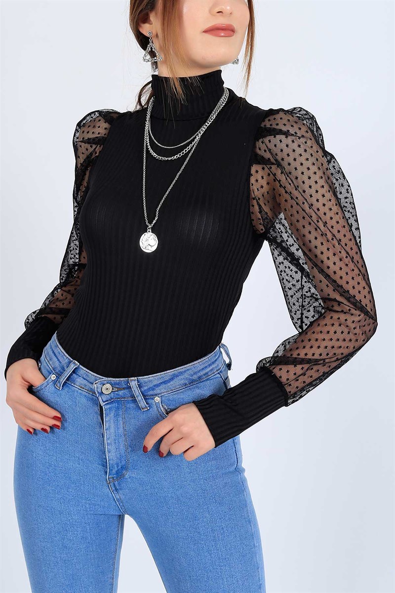 Kolları Tüllü Likralı Siyah Bluz 26152B