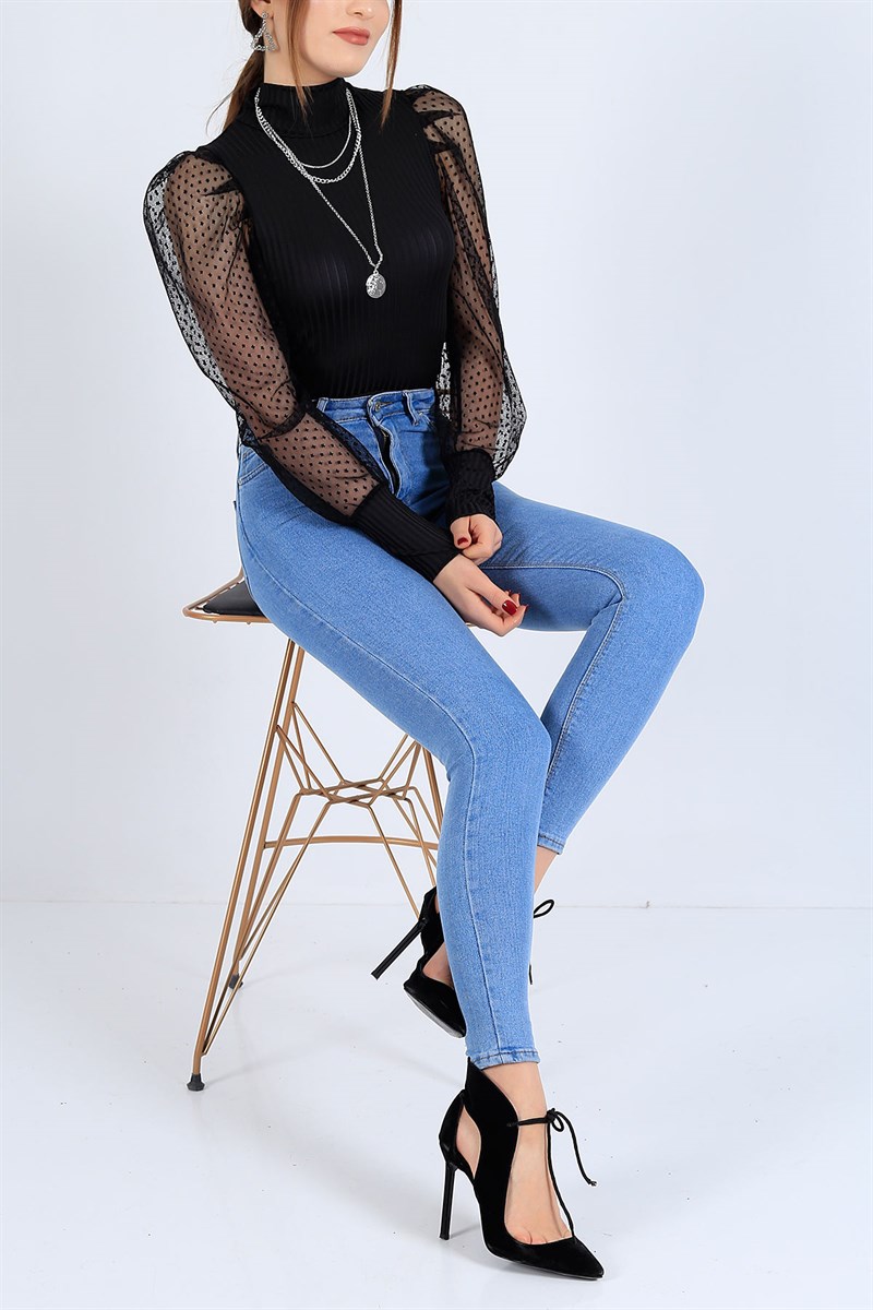 Kolları Tüllü Likralı Siyah Bluz 26152B