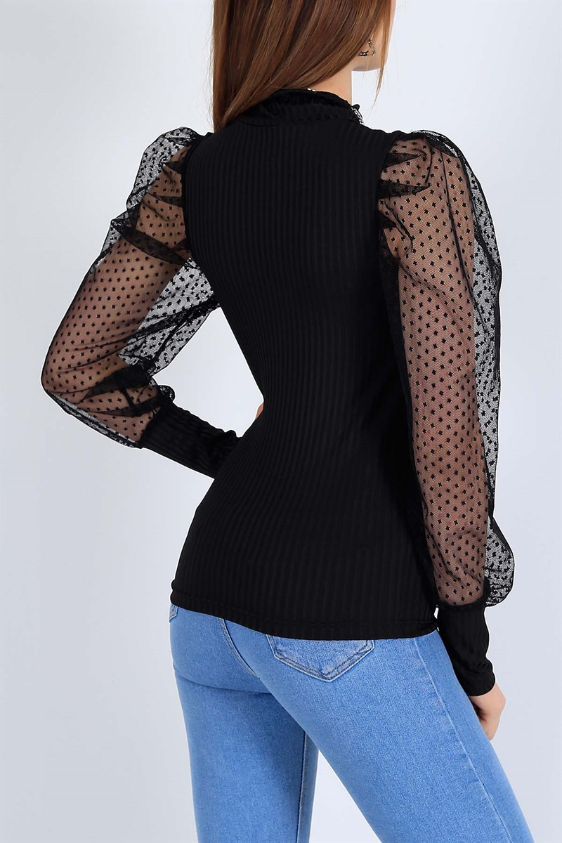 Kolları Tüllü Likralı Siyah Bluz 26152B