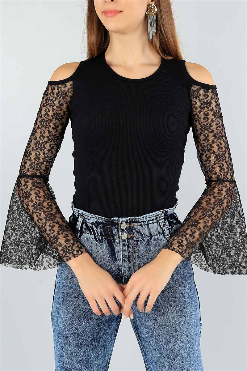Kolları Tüllü Siyah Bayan Triko 46637