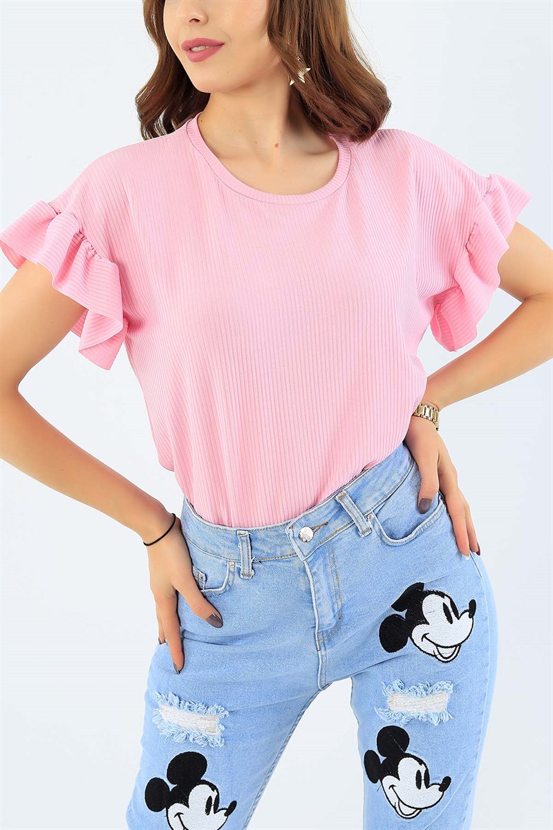 Kolu Fırfırlı Pembe Bayan Tişört 35306