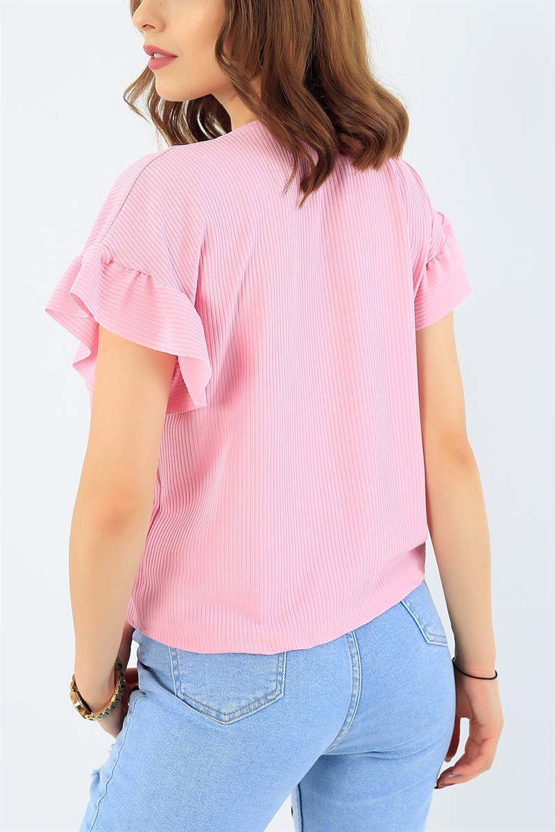 Kolu Fırfırlı Pembe Bayan Tişört 35306