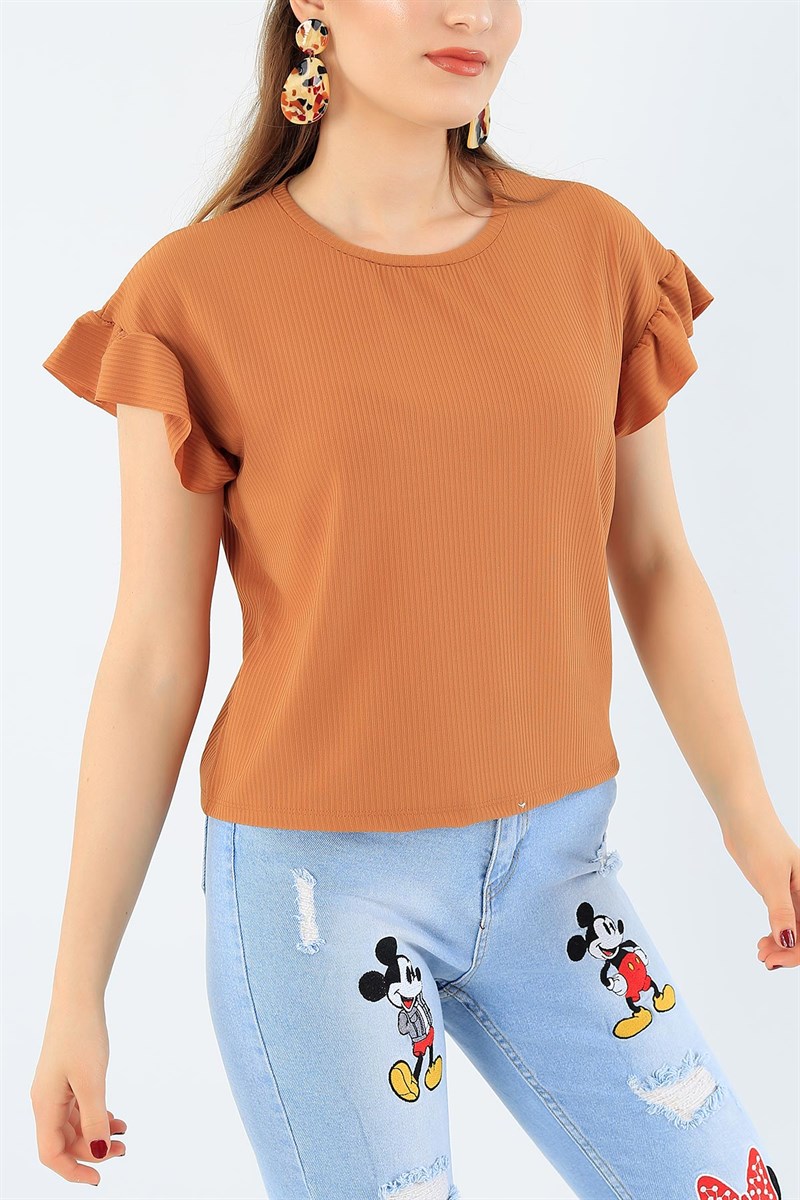 Kolu Fırfırlı Taba Bayan Tişört 35310
