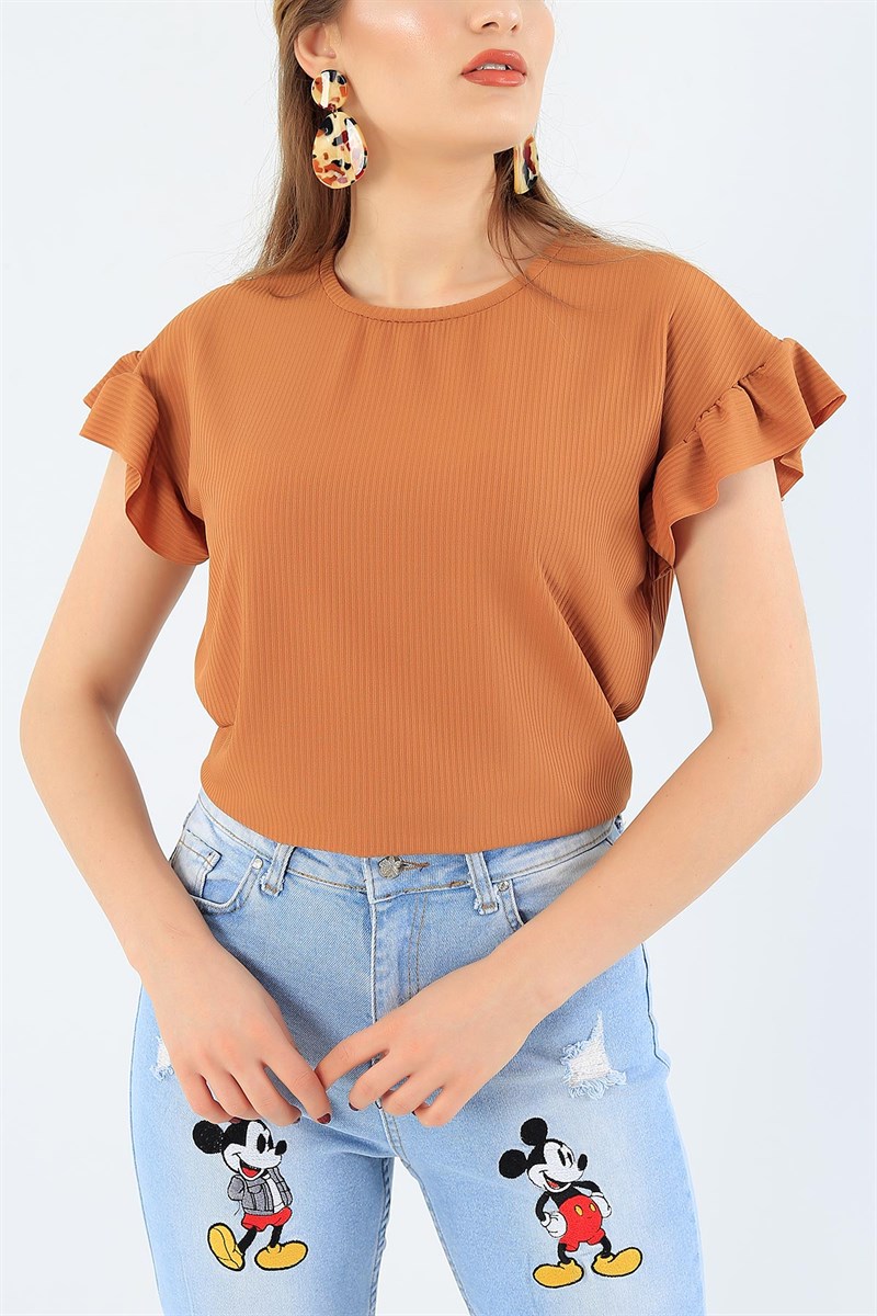 Kolu Fırfırlı Taba Bayan Tişört 35310