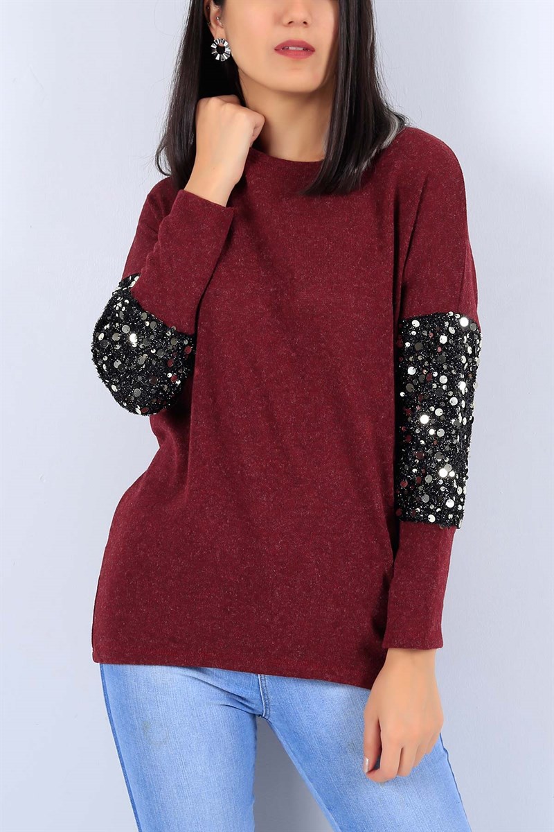 Kolu Pullu Bordo Bayan Triko Kazak 22268B