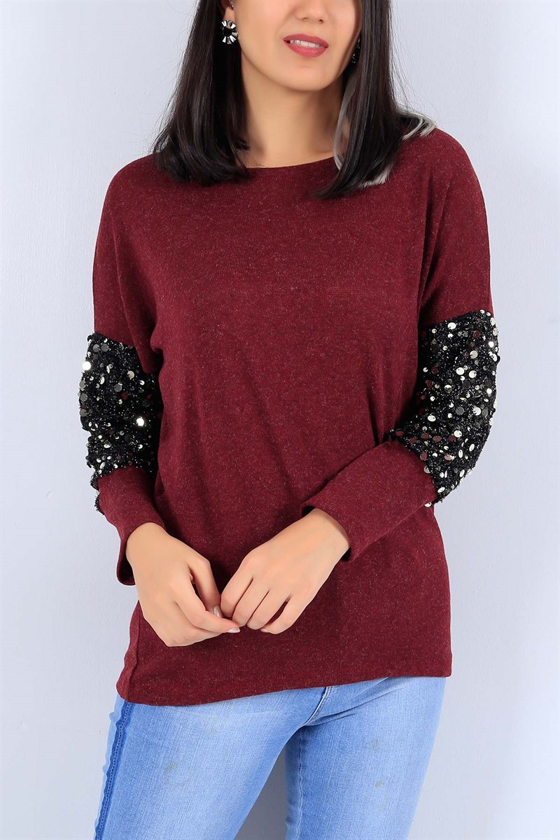 Kolu Pullu Bordo Bayan Triko Kazak 22268B