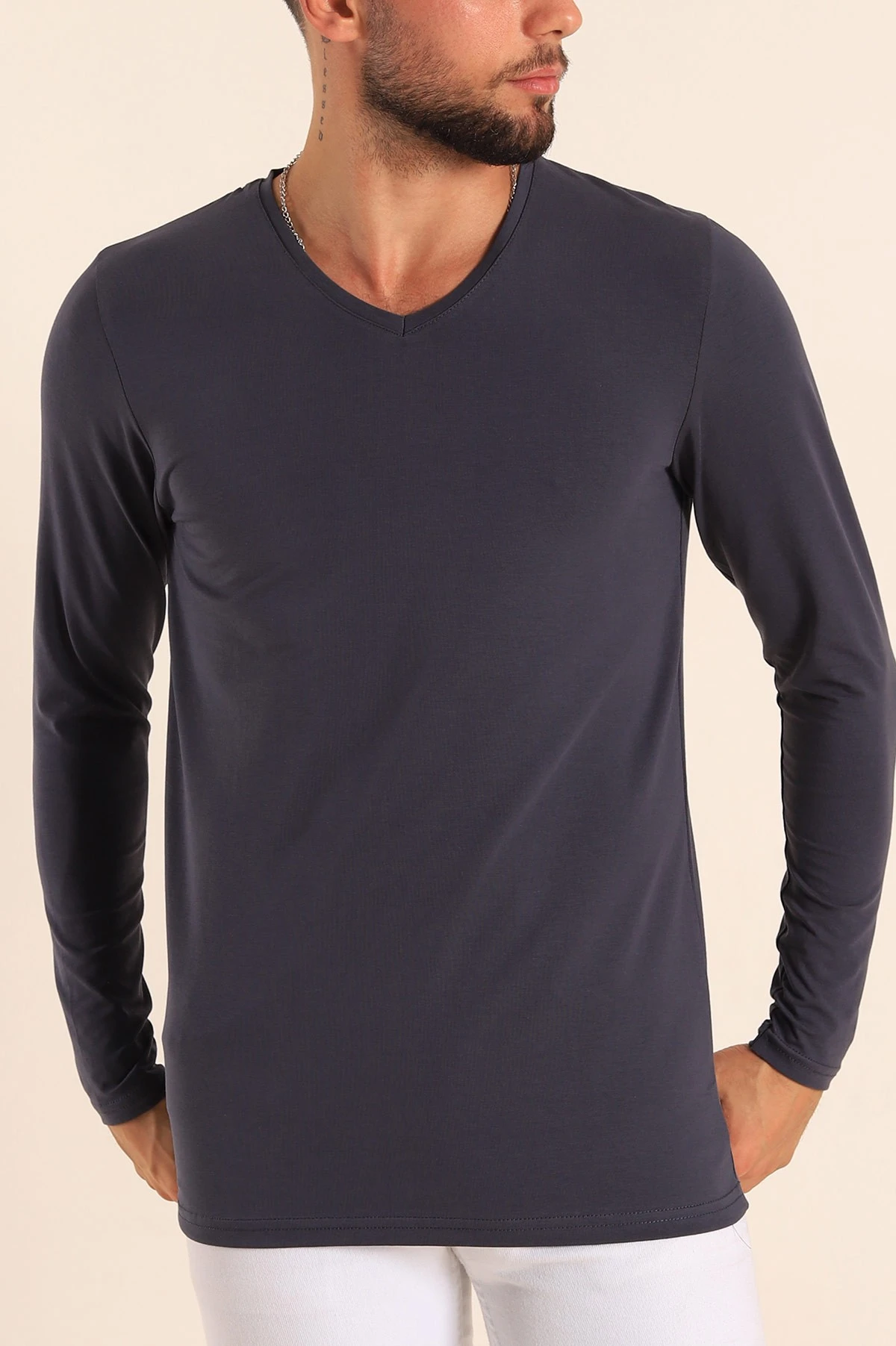 Koyu Antrasit Slim Fit V Yaka Likralı Basic Erkek Sweatshirt 234993