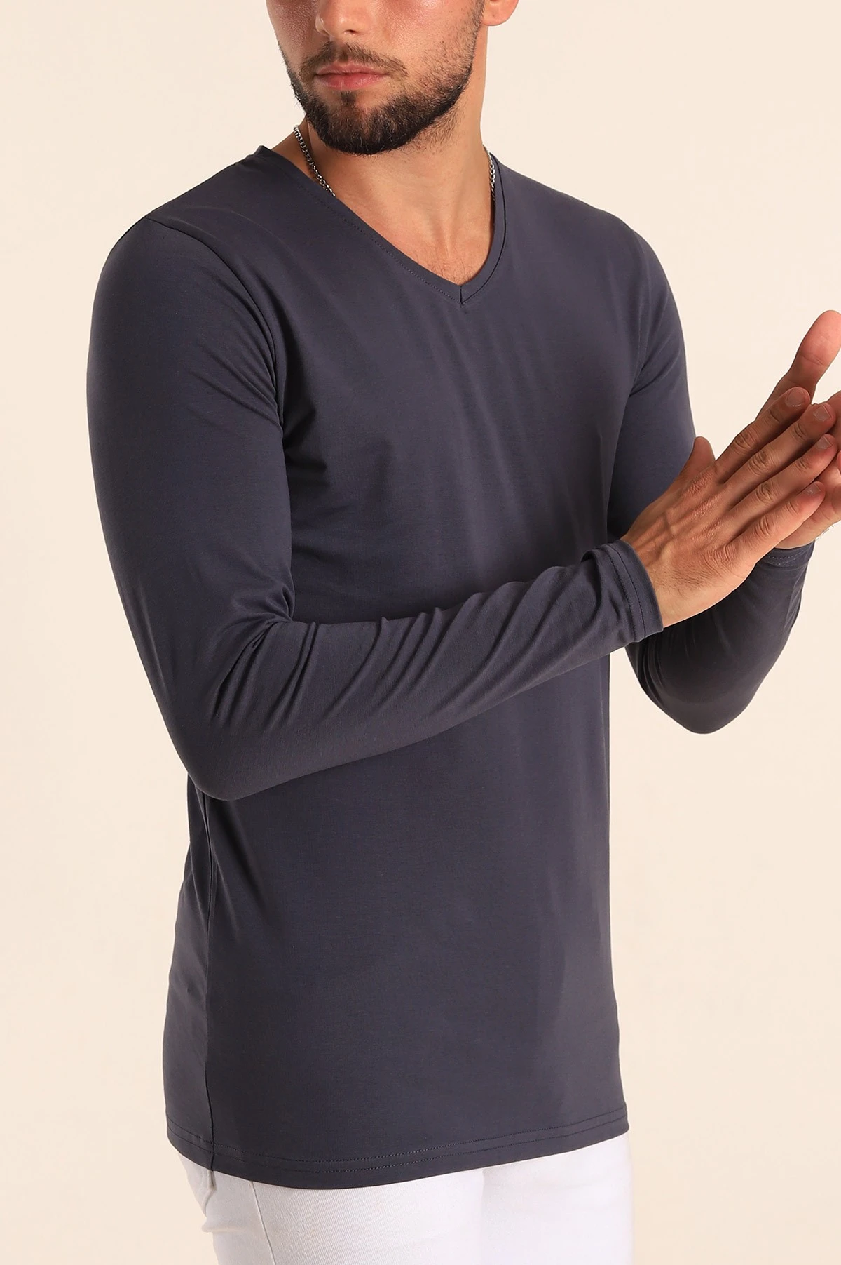 Koyu Antrasit Slim Fit V Yaka Likralı Basic Erkek Sweatshirt 234993