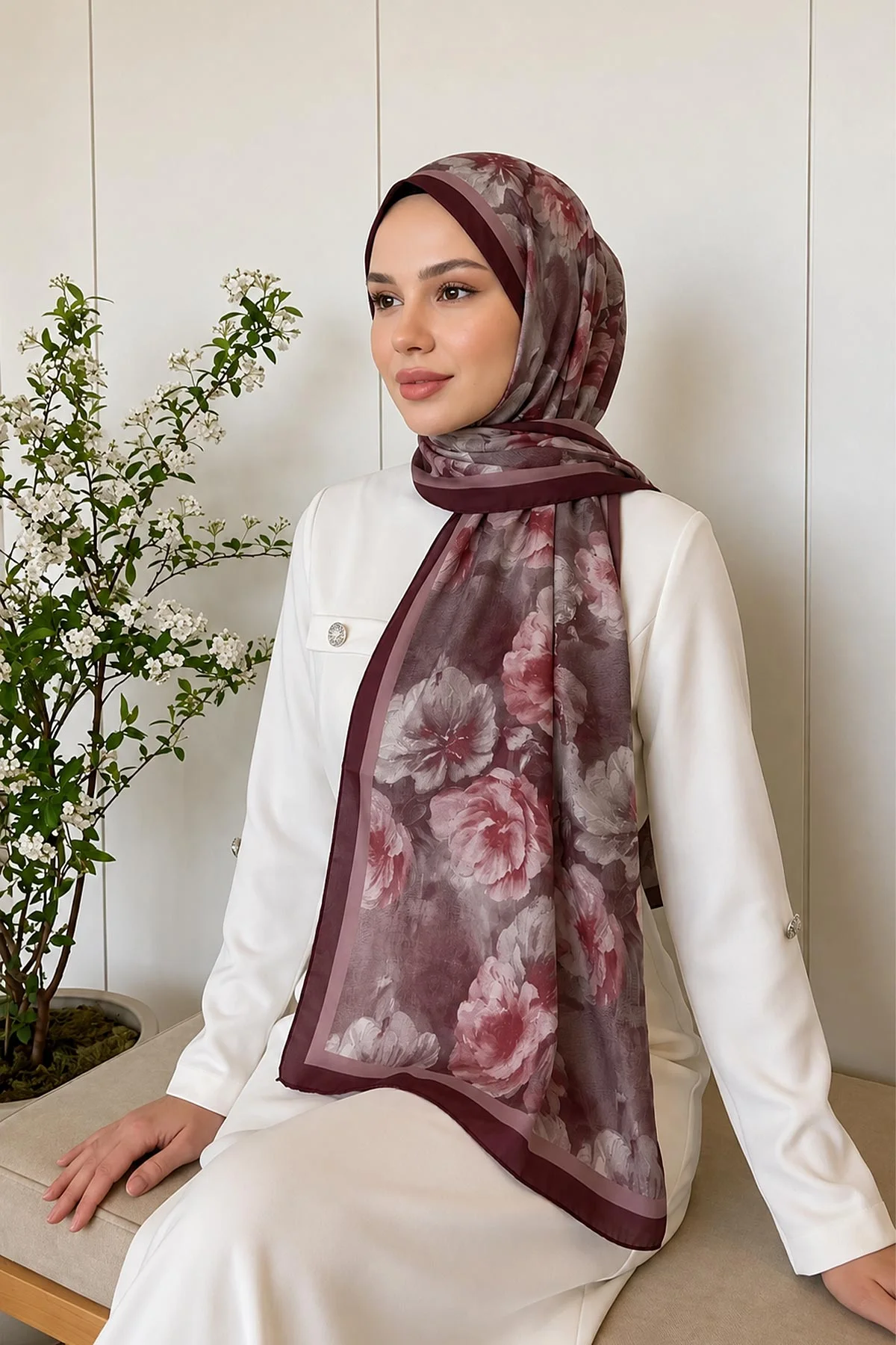 Koyu Bordo 70x180 Cm Dijital Baskılı Çiçek Desen Soft Şal 482105