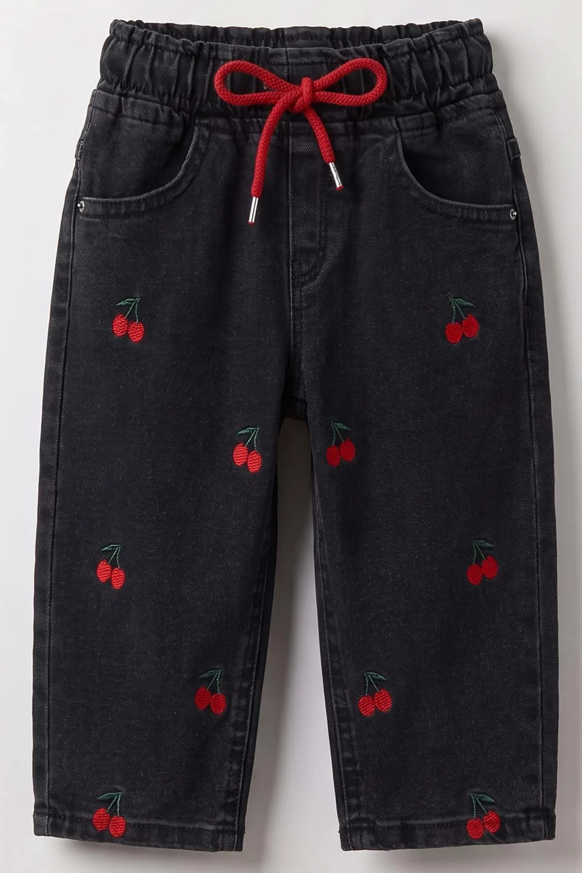 Koyu Füme (1-5 Yaş)Kiraz Nakışlı Beli Lastikli Kız Çocuk&Bebek Kot Pantolon 492878