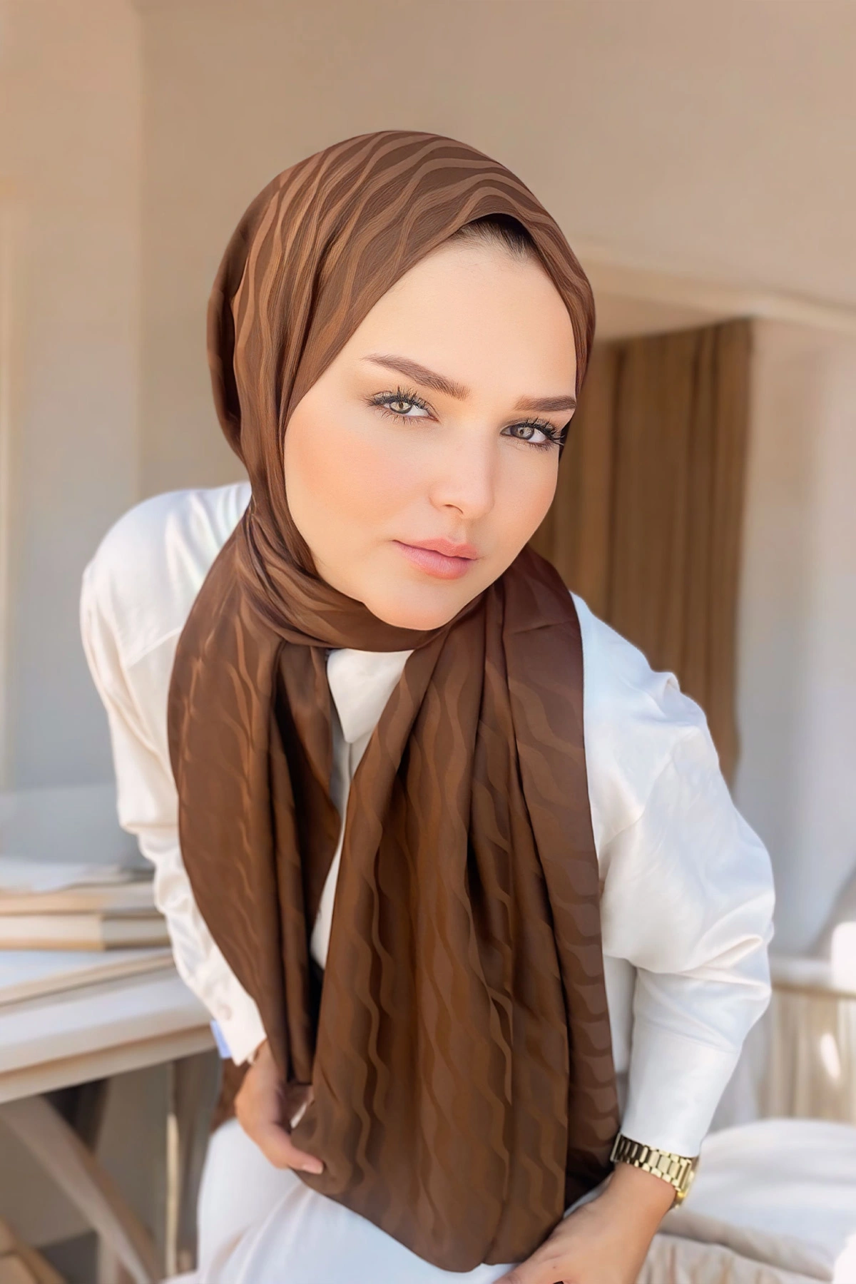 Koyu Kahve 180x70 Jakar İpeksi Su Yolu Desen Şal 285141