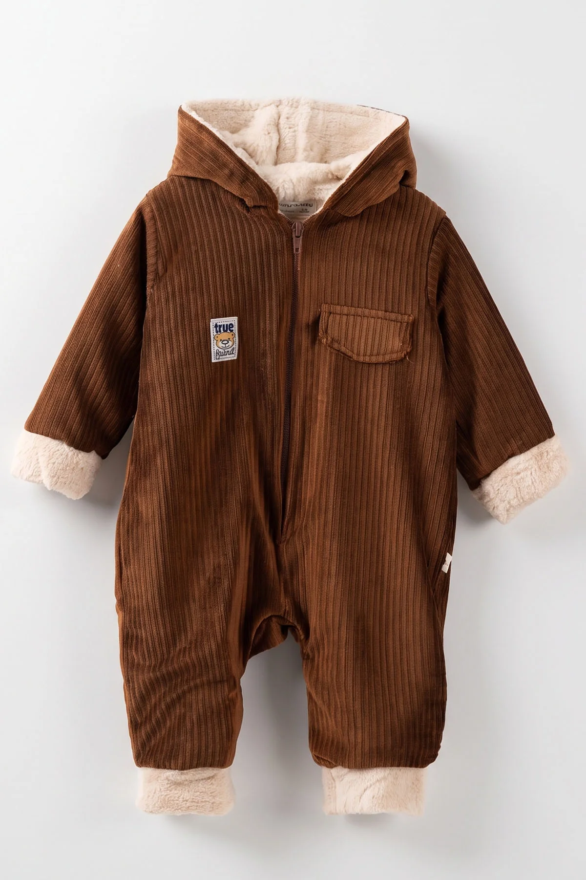 Koyu Kahve (6-24 Ay) Kulak Figürlü İçi Peluş Önden Fermuarlı Bebek Tulum 482053