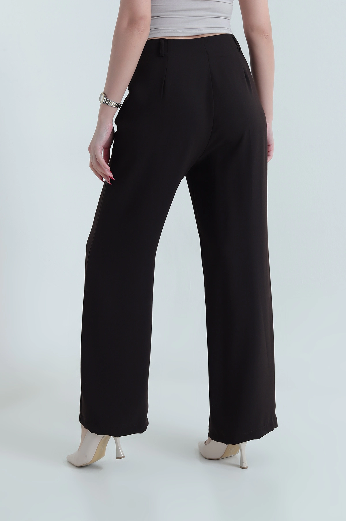 Koyu Kahve Krep Tencel Fermuarlı Cepli Kadın Pantolon 438802