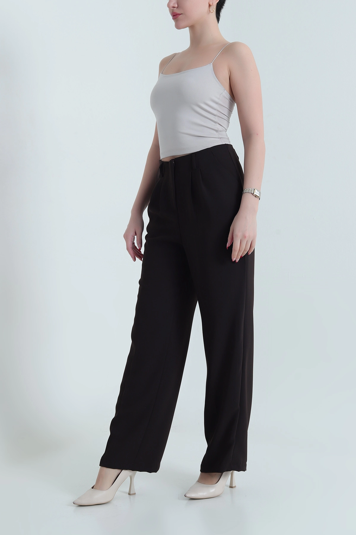 Koyu Kahve Krep Tencel Fermuarlı Cepli Kadın Pantolon 438802