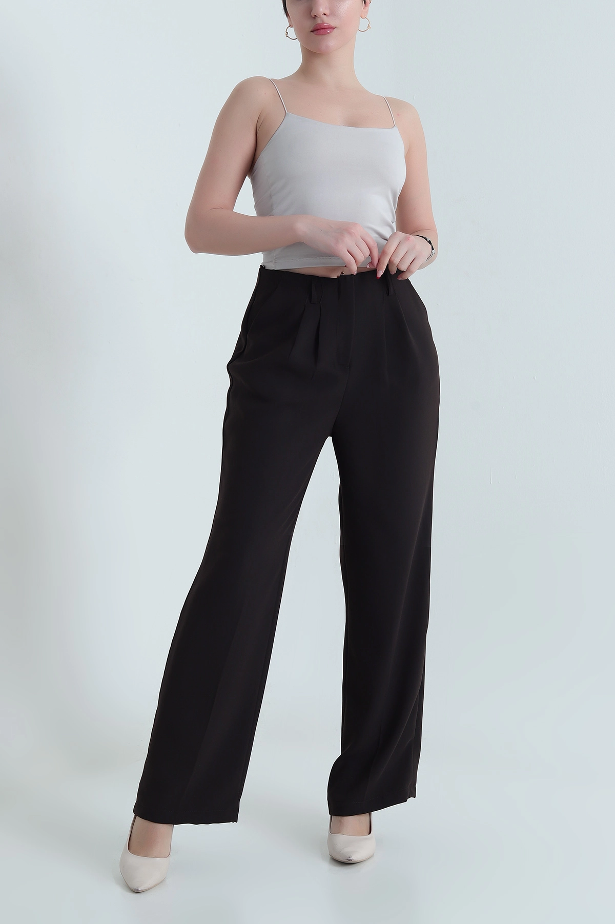 Koyu Kahve Krep Tencel Fermuarlı Cepli Kadın Pantolon 438802